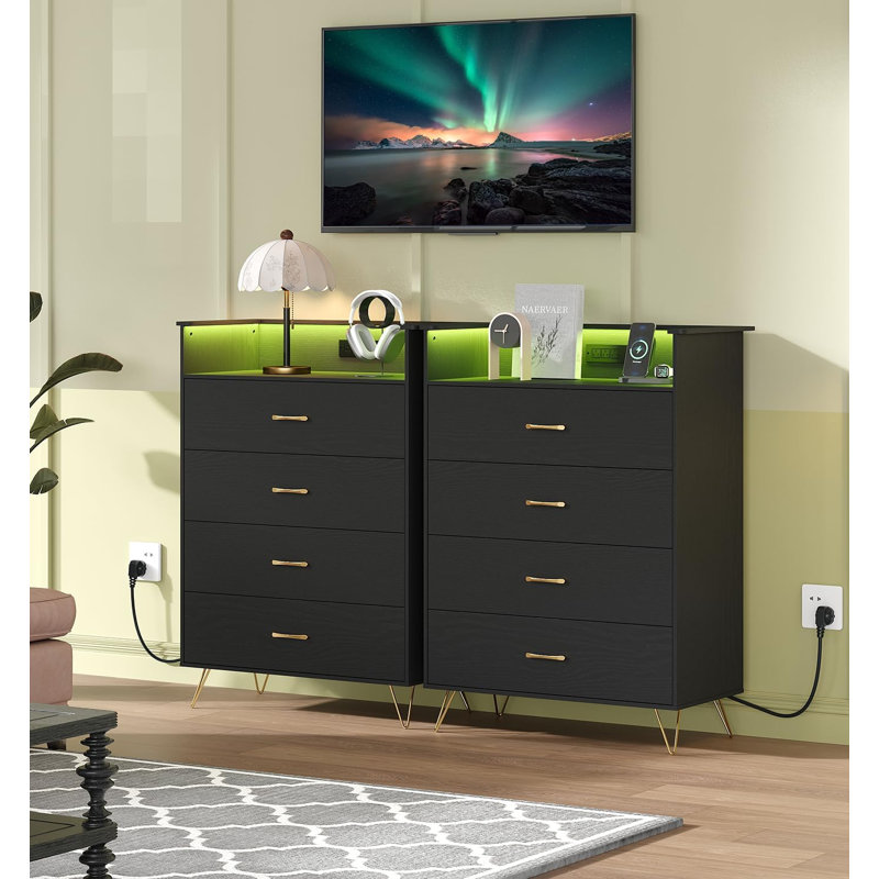 4-Drawer Dresser with RGB Lights & Charging Station, App Controlled LED Dresser for Bedroom, Black