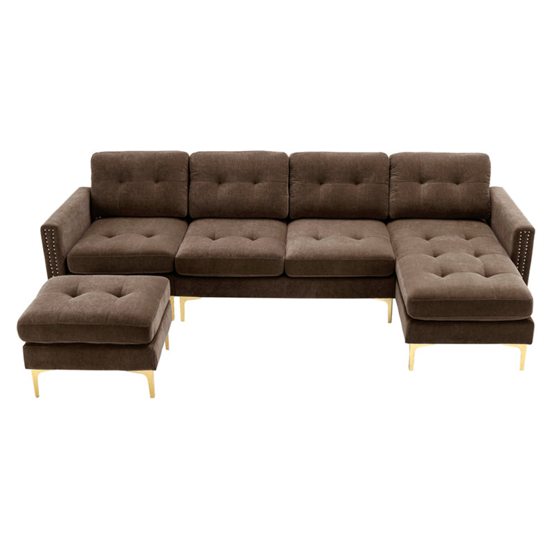 Canapé modulaire convertible en L 110 po avec repose-pieds mobile pour salon, appartement, bureau, brun