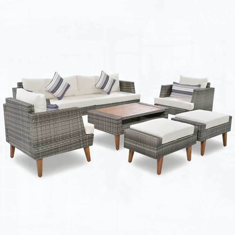 Ensemble de canapé en osier 6 pièces 6 pièces avec coussins doubles et housse de table, Beige, Grey