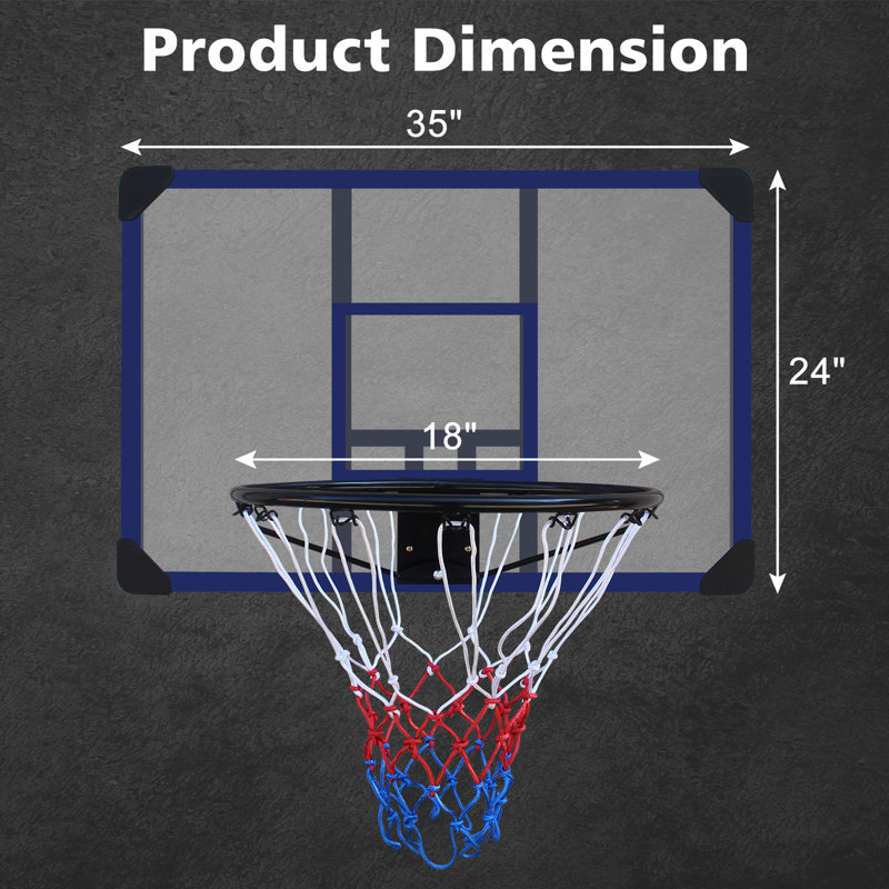 Panier de basketball mural Roomfitter, panneau incassable de 35 x 24 pouces, panier pliable avec filet toutes saisons, bleu