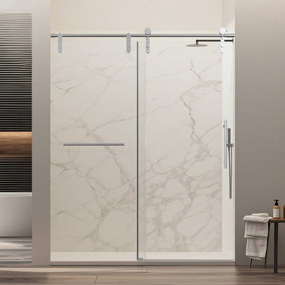 Porte de douche coulissante sans cadre de 56 à 60 po x H 76 po, porte de verre à dérivation réglable avec barre à serviettes et poignée, verre trempé de 8 mm, chrome (sans fermeture en douceur)