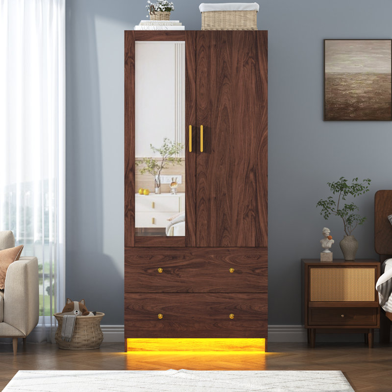 Armoire moderne à 2 portes avec miroir, 2 tiroirs et lumières à DEL rgb, penderie pour rangement dans la chambre à coucher
