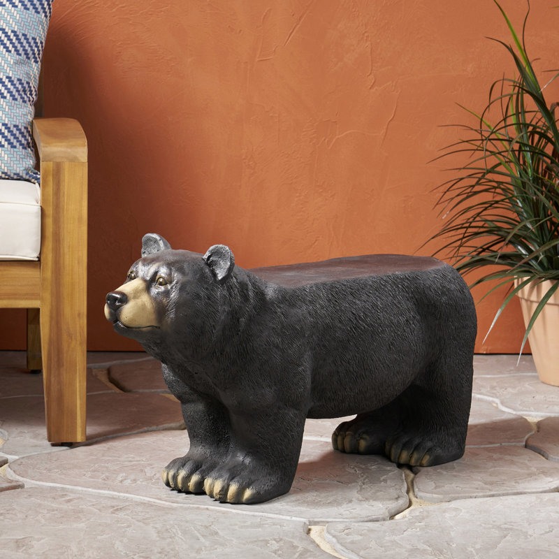 Banc en béton noir mat avec motif d'ours enchanteur - Extérieur, aucun assemblage requis, 41 cm H x 78 cm L x 29 cm P - Élément extérieur léger