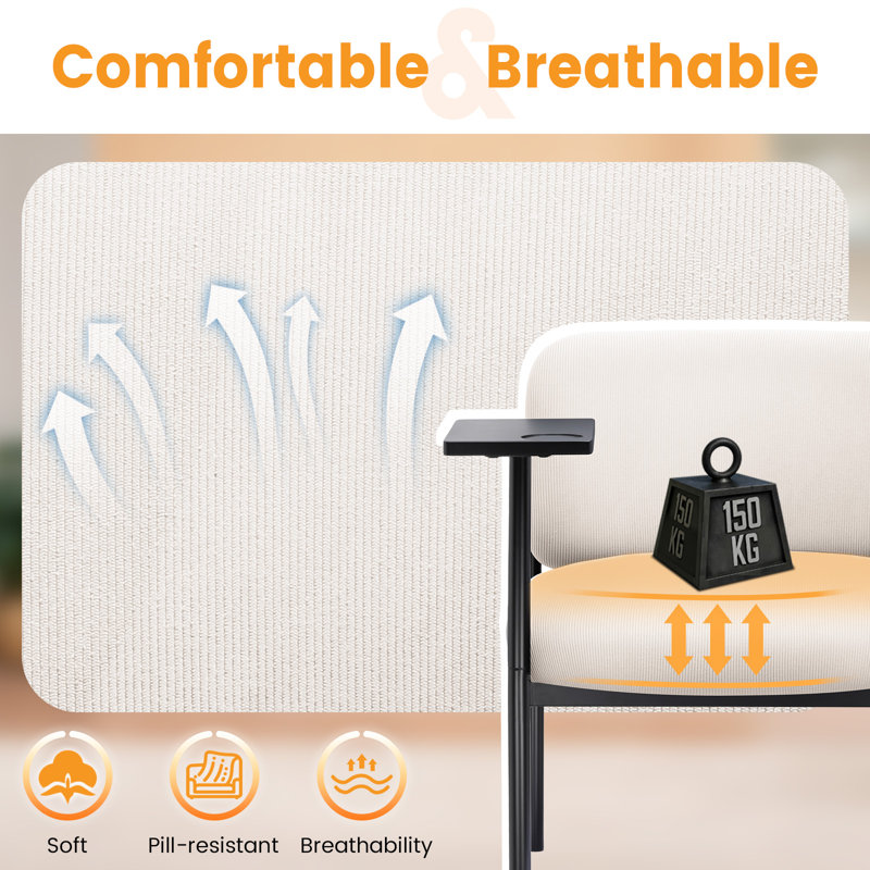 Accent Chair Fabric Modern Upholstered Tub Chairs With 180°Rotating Small Table Thick Soft Padded Seat Metal Legs Lounge Occasional Bedroom Chair