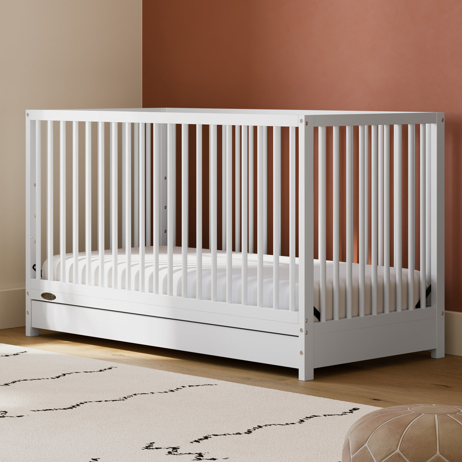 Teddi 5-in-1 Convertible Portable Crib, White, Crib + Mattress + Protector