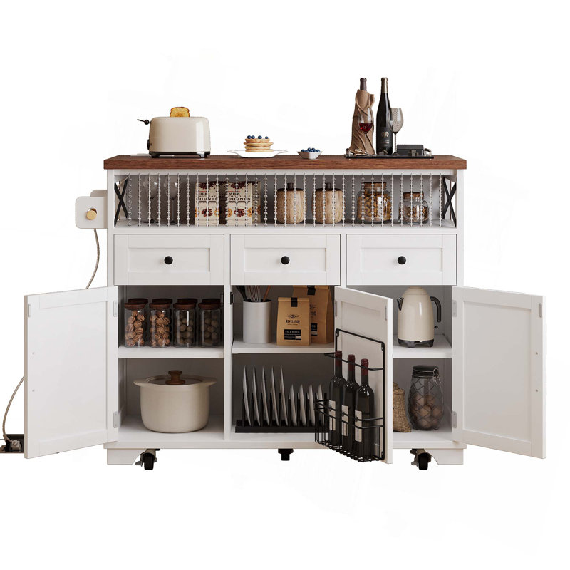 46.5" Farmhouse Kitchen Island With Drop Leaf, Drape Of Beads, Power Outlet, 3 Drawers & Internal Iron Shelf, White
