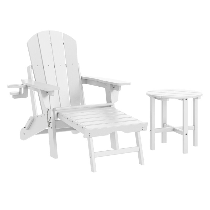 Outdoor Folding Adjustable Adirondack Chair With Hideaway Ottoman & Round Side Table, White