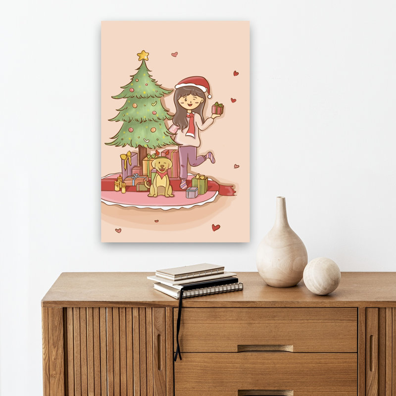 Winking Girl Christmas Puppy Abstract Contemporary Christmas Tree Dog Winter Architecture Wall Art Print 1 Piece Wrapped Canvas Wall Art