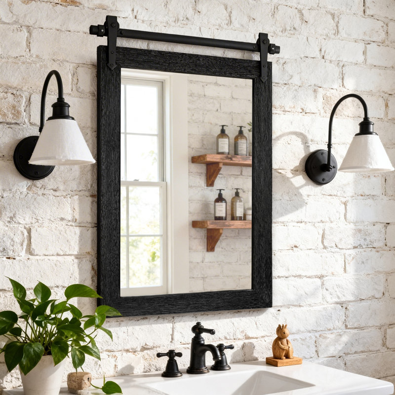 Rustic Farmhouse Solid Wood Accent Mirror Decorative Mirror Rectangle Bathroom Mirror Barn Wall Mirror, Black, 25.8" x 17.8"
