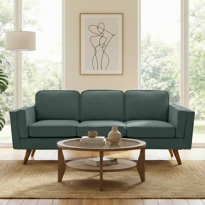 Canapé rembourré 84 po Mid-Century, structure et pieds en bois massif, canapé 3 places pour le salon, Green Chenille