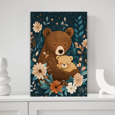 «Peaceful Bear Family», art mural contemporain forêt fleurie