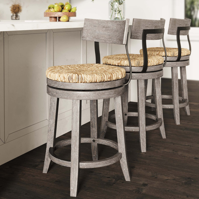 26 po Tabouret de bar à hauteur de comptoir en bois avec assise en ruppie maritime naturelle
