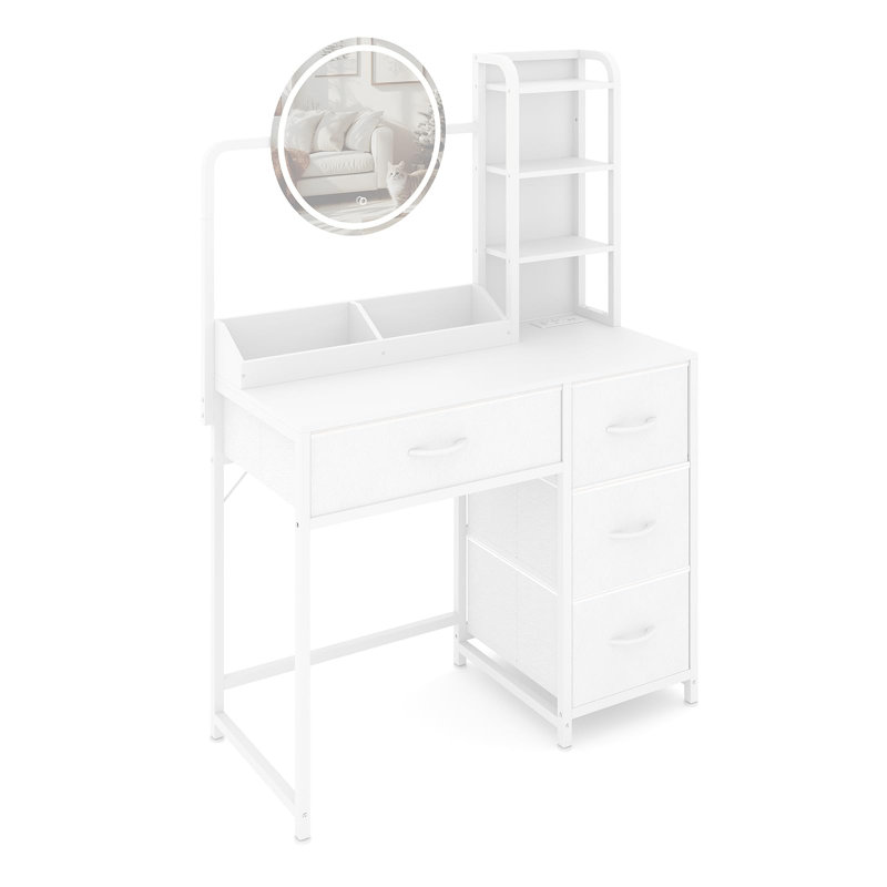 Vanity Desk with Lighted Round Mirror & Power Outlet, Makeup Vanity Table with 4 Fabric Drawers & 3 Shelves, 3-Mode LED Modern Dressing Table for Bedroom