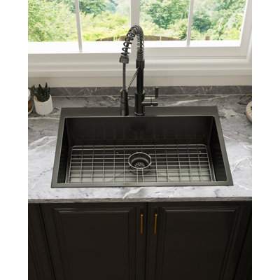 33" L x 22" W Black Drop-In Kitchen Sink, 16 Gauge Stainless Steel Single Bowl Kitchen Sink