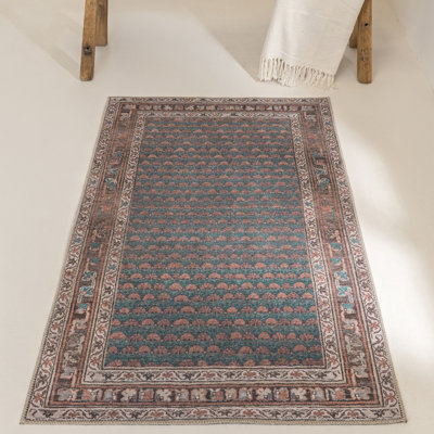 Tapis décoratif 3 pi x 5 pi - Contre-antidérapant introduisant Grip Matters - Argile et bleu minéral tissé à plat Heritage, à poils courts - Tapis facile à nettoyer pour la chambre à coucher, l'entrée et la cuisine