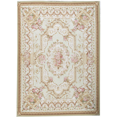 Tapis vert et ivoire noué à la main de haute qualité