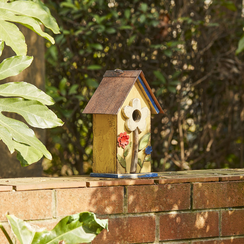 Yellow Distressed Solid Wood Birdhouse with 3D Flowers