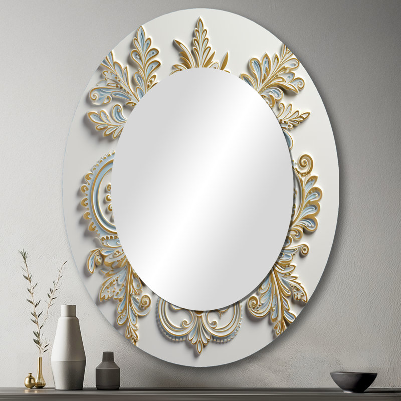 White Blue Stylish Boho Floral Arrangements - White Oval Wall Mirror Decor, 43" x 33"