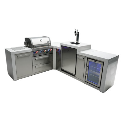 Mont Alpi Premium 82"w X 98"d Deluxe L-shaped Stainless Steel Outdoor Kitchen Island + 3-tap Kegerator Beer Dispenser + Refrigerator + 32"w 4-burner Bbq Grill + Storage Cabinets & Drawers + Rotisserie + Cover + Natural Gas Convertible + Lifetime Warranty