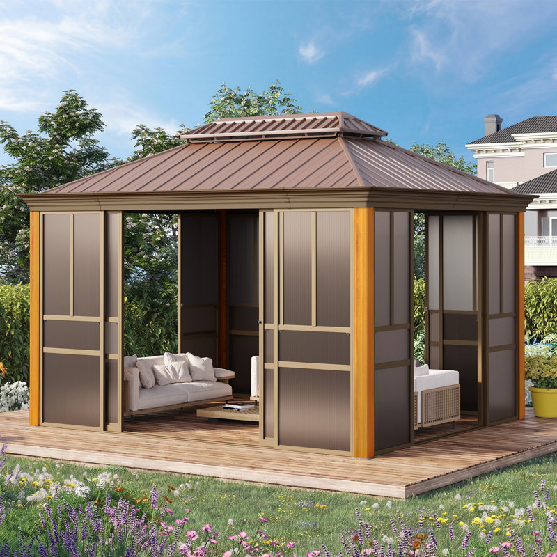 12 Ft. W X 10 Ft. D Outdoor Hardtop Sunroom Gazebo – Fully Enclosed Aluminum Solarium with Wood Grain Finish, Sliding Doors & Slideable PE Screen Windows, and Galvanized Steel Double Roof for Patio, Deck & Hot Tub
