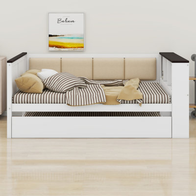 Wood Daybed With Storage Shelves, Upholstered Backrest,USB And Trundle
