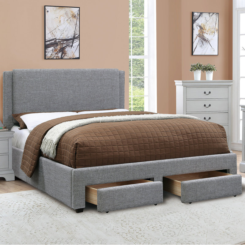 Gray Upholstered California King Platform Bed with Storage Drawers