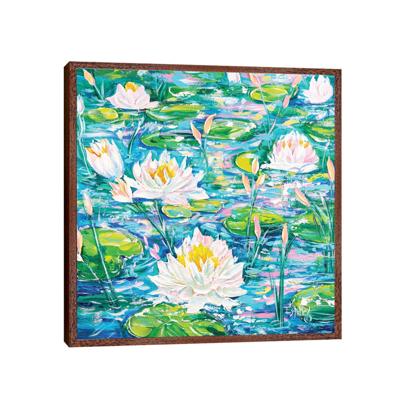 Water Lilies Afloat by Estelle Grengs - Painting on Canvas, Classic Brown Wood Framed, 66.04cm H x 66.04cm W x 3.81cm D