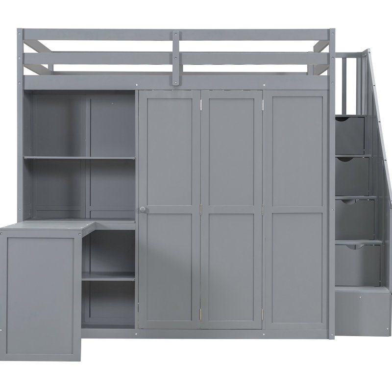 Lit mezzanine double gris avec bureau intégré et support de garde-robe élégant, trois tablettes pliables pour une organisation soignée, complémentaire à tout espace de travail intégré transformateur de style décor, sans effort