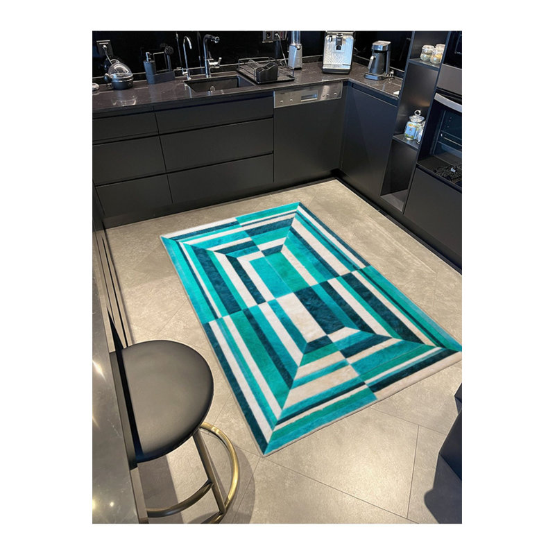Tapis décoratif à motif géométrique bleu clair lavable à la machine, Rectangle 3 pi 3 po x 4 pi 11 po