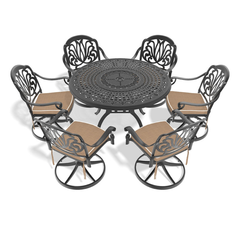 Ensemble de salle à manger 7 pièces en aluminium coulé toutes saisons avec 6 chaises pivotantes et une table, noir