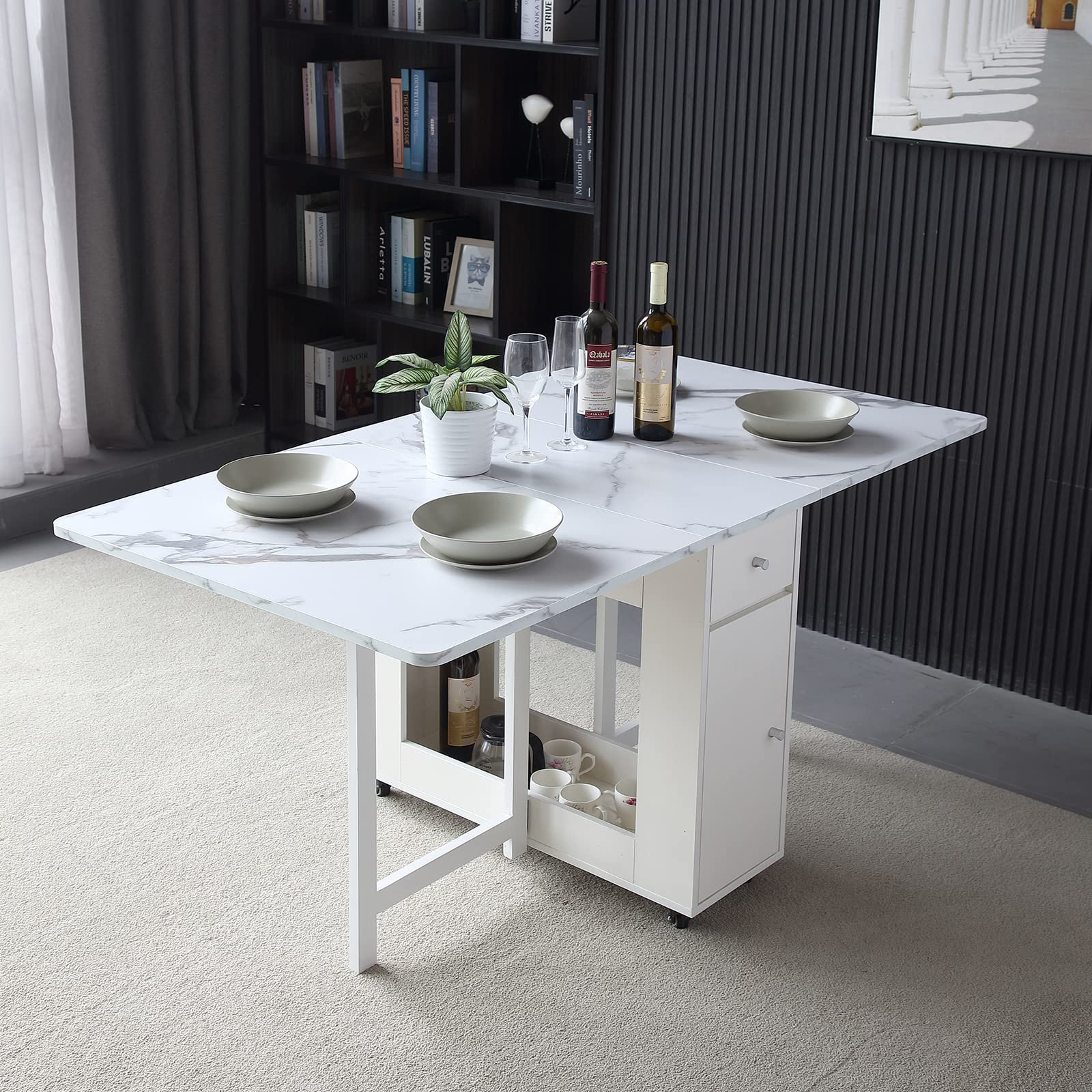 ASA Folding Dining Table With Rack And 2 Storage Drawers, Movable ...