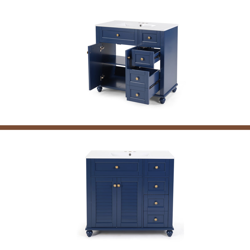 Meuble-lavabo 36 po avec lavabo en céramique - Tiroirs à fermeture en douceur, structure en bois massif, rangement multi-organisateur