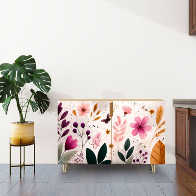 Sideboard Buffet Cabinet with Storage Dreamy Botanical Butterfly Floral Artwork with 2 Doors for Living Room and Kitchen