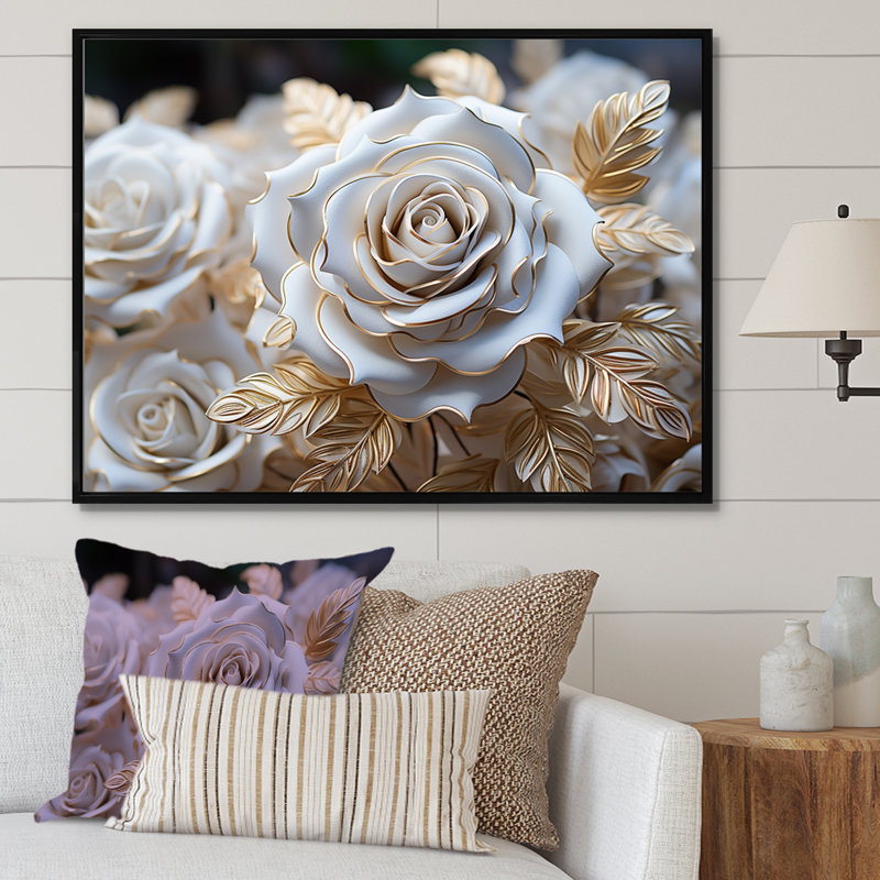 «White and Gold Rose Passion - Roses», reproduction sur toile encadrée, H 30 po x l 40 po x P 1,5 po, Cadre flottant noir