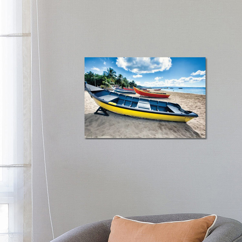 Row Of Traditional Small Fishing Boats On A Beach, Aguadilla, Puerto Rico by George Oze - Wrapped Canvas Painting