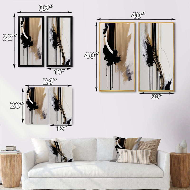 «Black, White and Gold Expression III», 2 pièces sur toile, H 32 po x l 32 po, Cadre noir