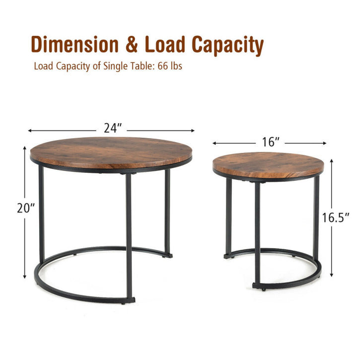 Rustic Brown Round Wood and Metal Nesting Coffee Tables, Set of 2
