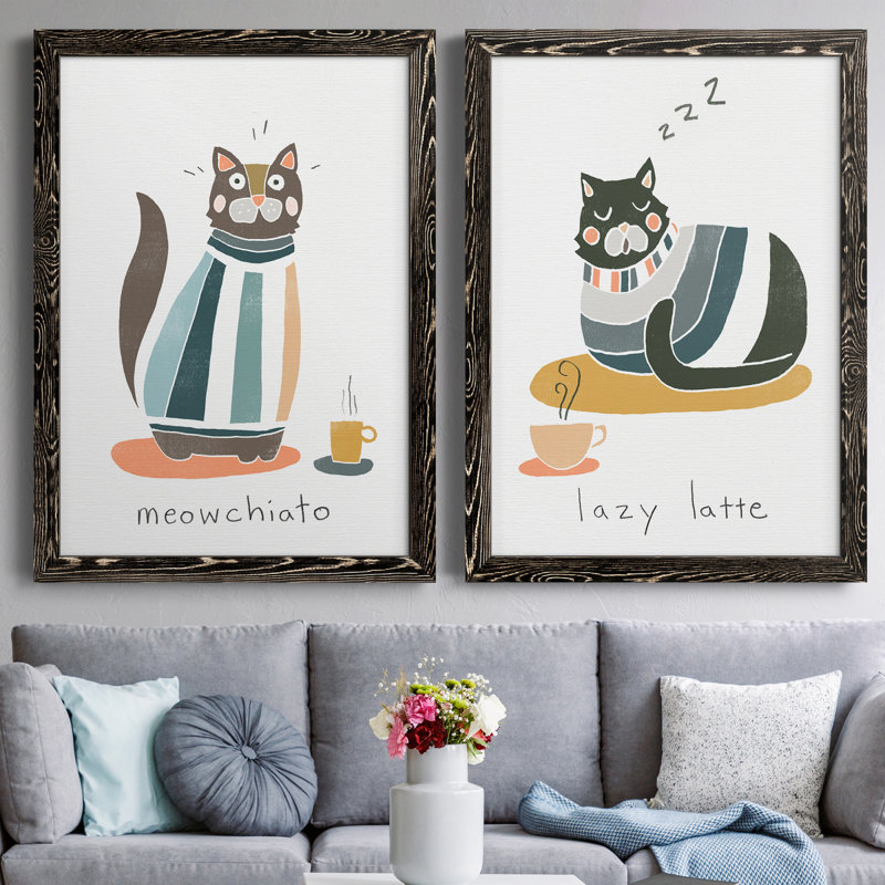 Coffee Cats I - ensemble de 2 reproductions d'art textuel sur toile, Toile avec cadre noir, H 31,5 po x l 47 po x P 1,5 po