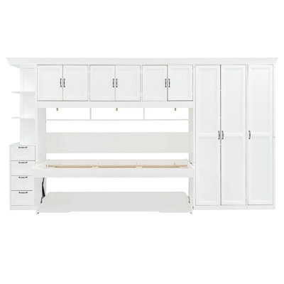 Lit escamotable simple avec bureau, armoires de rangement, tiroirs et garde-robe