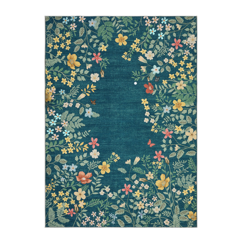 Washable 10x13 Rug, Non-Slip Soft Blue Botanical Area Rugs for Living Room, Non-Shedding Large Bedroom Rug, Ultra-Thin Stain Resistant Floor Carpet for Dining Table
