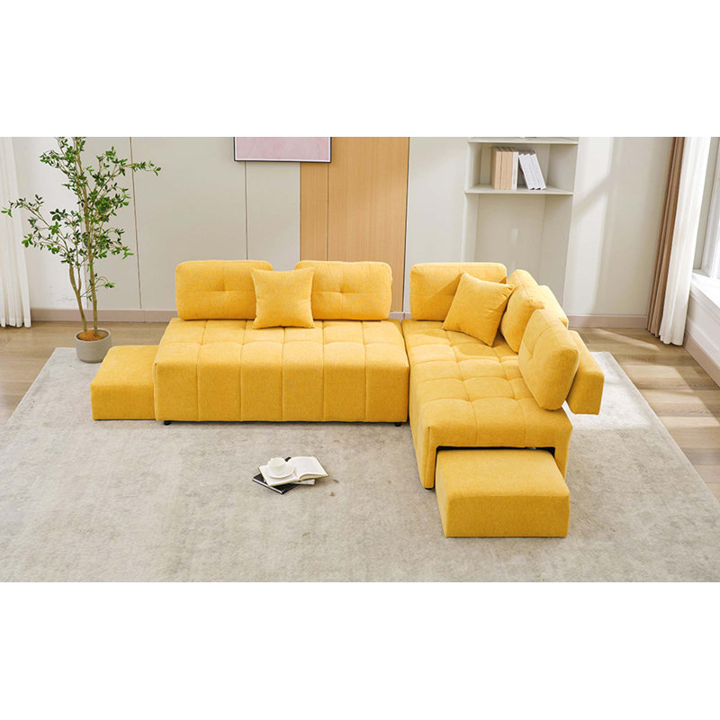 Canapé modulaire en L 91,73 po avec 2 tabourets et 2 coussins lombaires, Chenille jaune