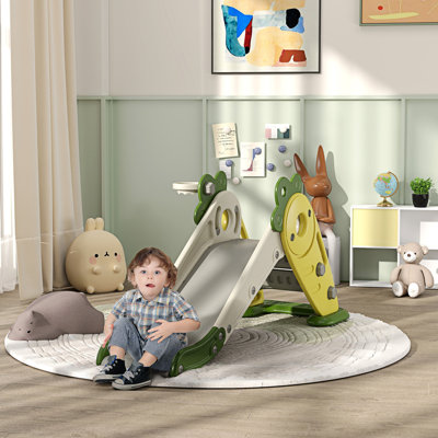 Qaba Toddler Slide, 3 In 1 Kids Slide With Basketball Hoop, Climber, Radish-Themed Foldable Indoor Slide For 1-3 Years Old