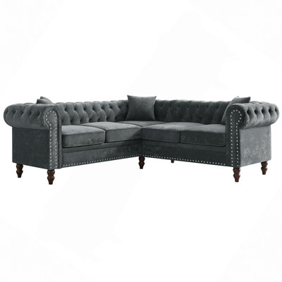 Sectional Sofa, 80" Deep Button Tufted Upholstered Roll Arm Luxury Classic Chesterfield L-Shaped Sofa 3 Pillows Included, Solid Wood Gourd Legs