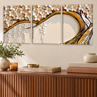 3 Pieces Exculisive Abstract Botanical Large Wall Art with Geometric Shapes in Earthy Tones, Canvas Decor for Living Room, Bedroom and Office