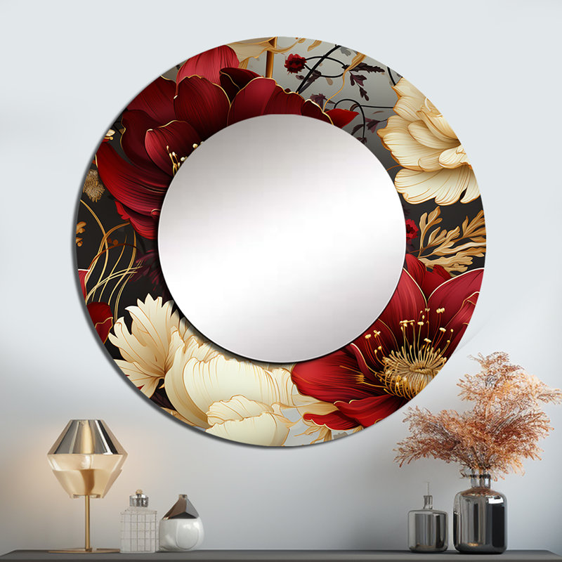 Riches fleurs opulentes coquelicots beiges et rouges - miroir floral, miroir mural décoratif rond, art en métal imprimé