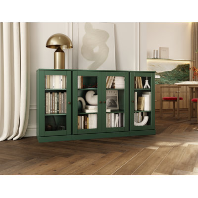 100% Solid Wood 65" Sideboard with Clear Glass Doors and Adjustable Shelves