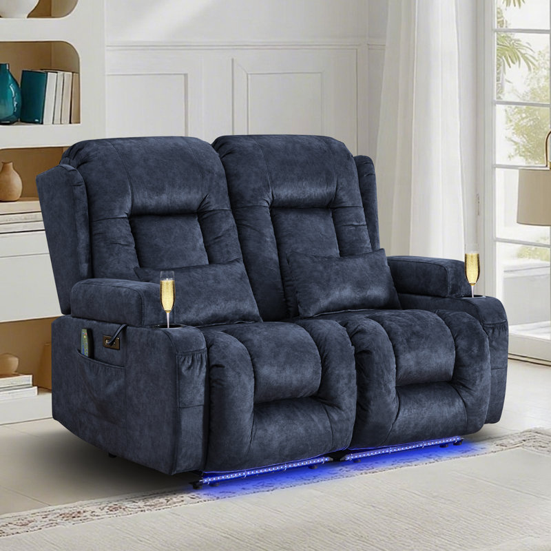 Canapé inclinable électrique avec chaleur et massage, causeuse inclinable double avec porte-gobelets et lumières DEL, Bleu