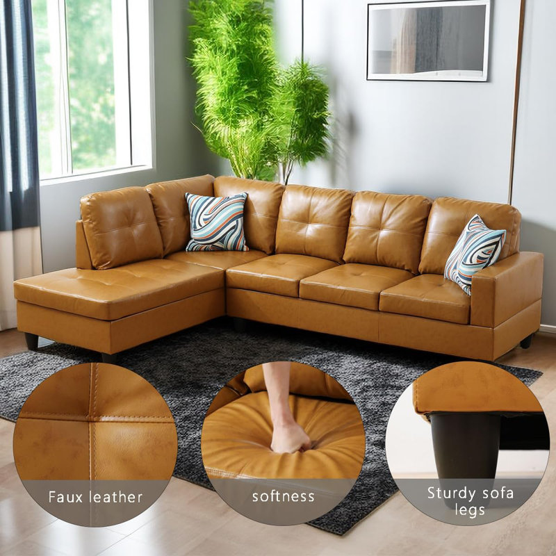 Bawan Faux Leather L-Shaped Sectional, Left Hand Facing, Yellow Faux Leather