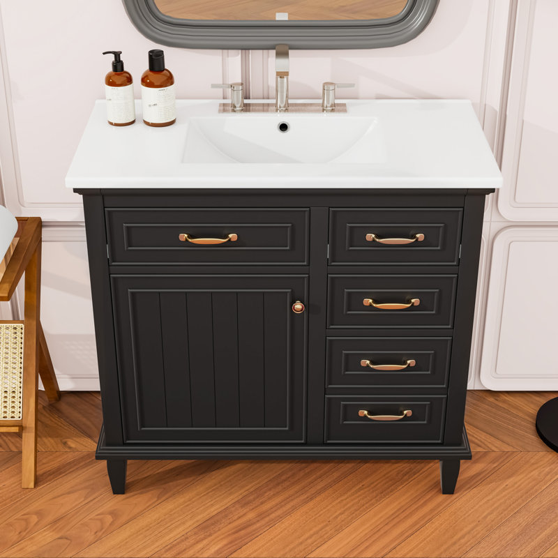 Meuble-lavabo de salle de bain avec comptoir en céramique, tablette réglable, 2 tiroirs rabattables et 2 tiroirs de rangement