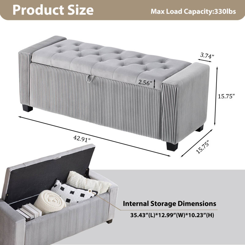 BANC DE RANGEMENT EN VELOURS OTTOMAN, Gris à rayures